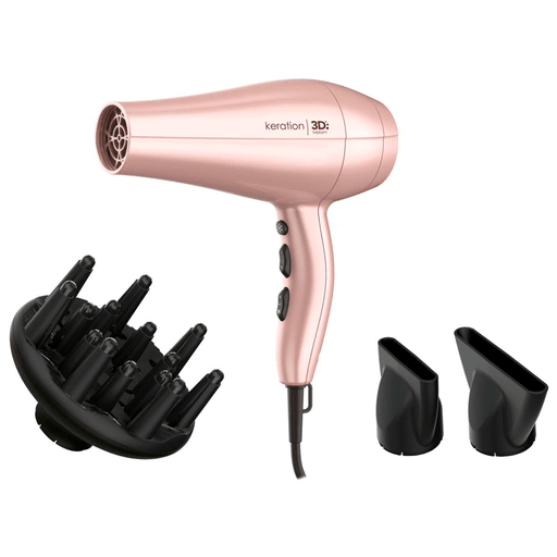 Keration Diva 3D es un secador de pelo proyectado con la innovadora tecnología Micro Glitt, estudiada para proteger la queratina natural del cabello. Debido al uso de productos químicos el cabello se puede volver más sensible, estresado y sin brillo. Además, este secador está dotado de tecnología 3D Therapy Ultra Ion, que disfruta de las propiedades beneficiosas de los iones, garantizando cabellos más brillantes y suaves, eliminando el encrespamiento. 