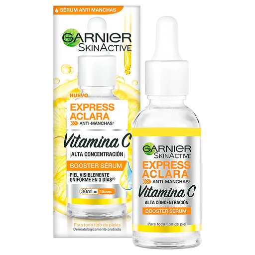 Sérum Garnier Express Aclara posee una alta concentración de Vitamina C, extracto de limón y ácido salicílico, dejando una piel visiblemente uniforme en 3 días. Además, hidrata, ilumina y unifica sin dejar la piel grasa. Con activos concentrados para resultados rápidos. Este suero tiene una textura ligera y de toque seco.