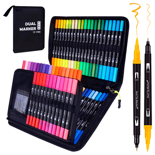 Da vida a tus dibujos con este Set de 72 Marcadores de doble punta. El set cuenta con 72 colores brillantes, llamativos y vibrantes, que expresan perfectamente tu creatividad y hacen que tus trabajos sean más vívidos. Podés encontrar el color que deseas a primera vista ya que están perfectamente organizados en su estuche de almacenamiento. Cada marcador posee doble punta, una más gruesa tipo pincel para sombrear o colorear y otra fina para enfocarte en los contornos y detalles. 