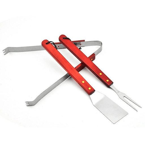 Este set de parrilla de 3 piezas de acero inoxidable con mango de madera es perfecto para asados. Incluye 3 utensilios: pinzas, tenedor y espátula. Su práctico mango evita que te quemes y está reforzado con remaches para mayor durabilidad. A su vez tienen prácticos lazos para colgar en el extremo, facilitando su almacenamiento.