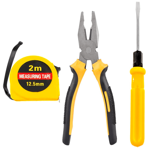 Este set de herramientas de 3 piezas es la opción ideal para quienes buscan practicidad, durabilidad y un uso cómodo tanto en el hogar como en tareas profesionales. Fabricado con materiales resistentes como acero inoxidable y ABS, ofrece un excelente desempeño para trabajos cotidianos de reparación, ajuste o mantenimiento. Sus mangos ergonómicos brindan un agarre firme y seguro, facilitando el uso prolongado sin esfuerzo. Además, incluye un destornillador de doble punta, una alicate universal resistente y una cinta métrica de 2 metros con ancho de 12,5mm, ideal para realizar mediciones rápidas, precisas y con total comodidad.