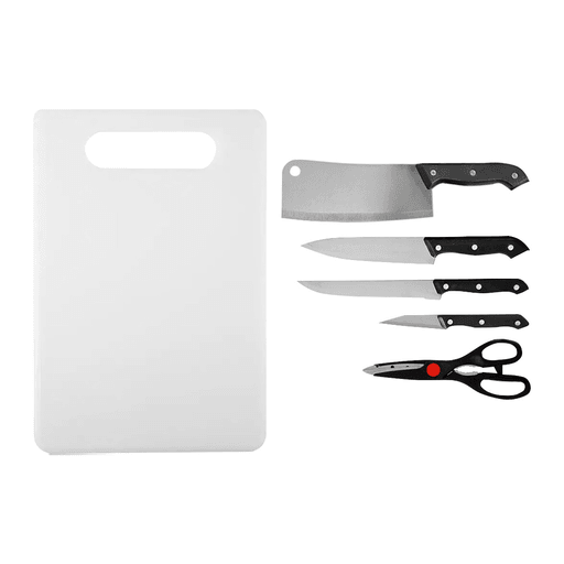 Este versátil set de cocina de 6 piezas es la elección perfecta para potenciar tu experiencia culinaria. Cuenta con 4 cuchillos en acero inoxidable, tijera y una tabla rectangular, para que puedas realizar acciones esenciales en la cocina como cortar, picar, rebanar y trocear cualquier alimento con facilidad. Además, los cuchillos tienen un diseño ergonómico y mangos negros para un agarre seguro, complementando el set con una tijera multiuso. Después de usarlos, colgá la tabla y la tijera para un almacenamiento práctico.