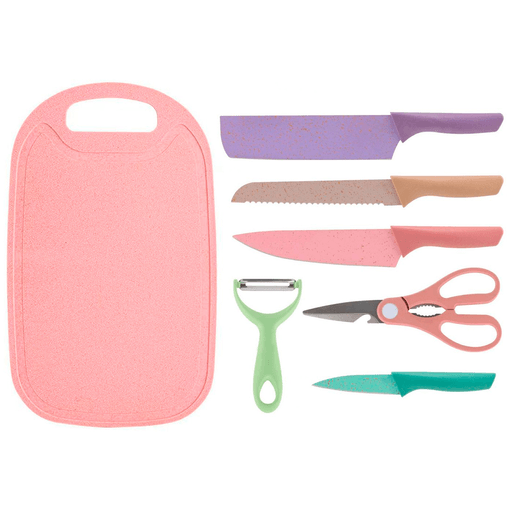 Este juego de cuchillas es perfecto para equipar tu cocina además de aportarle diseño y color. Sus piezas están hechas de materiales de excelente calidad, garantizando durabilidad y el mejor uso. Cuenta con 4 cuchillos para diferentes usos, una tijera, un pelador y una tabla para picar.