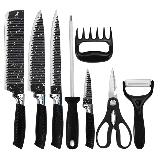 Este Set de Cocina de 8 Piezas es perfecto para satisfacer todas tus necesidades culinarias. Incluye 4 cuchillos de diferentes tamaños y formas, un pelador, una tijera, una garra  y un afilador de cuchillos, para que puedas cortar diferentes tipos de frutas, verduras, quesos, carnes, pelar alimentos, y mucho más. Los mangos cuentan con un diseño ergonómico, lo que te garantizan un uso cómodo y fácil, además de ser resistente al calor, al frío y a la humedad. Cuentan con un recubrimiento antiadherente y una alta resistencia a la corrosión, lo que resultan ser duraderos y fáciles de limpiar. Los cuchillos llevan un borde afilado en forma de V, lo que te asegura un corte limpio y perfecto.