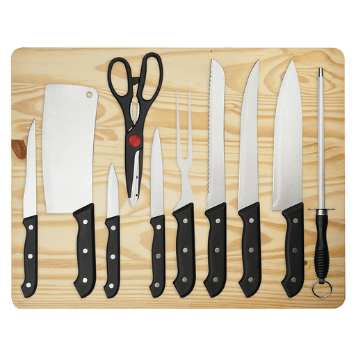 Este Set de cocina de 11 piezas combina funcionalidad, durabilidad y diseño moderno, ideal para cualquier amante de la cocina. Incluye una tabla de picar de madera y una variedad de cuchillos especializados, además de tijeras de cocina y un tenedor para trinchar, garantizando versatilidad en cada preparación. Fabricados en acero inoxidable con mangos ergonómicos, estos utensilios ofrecen un agarre cómodo y seguro, mientras su estilo industrial añade un toque elegante a tu cocina. Perfecto para facilitar tareas culinarias con precisión y eficiencia.