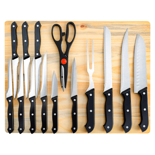 Este completo set de 15 piezas incluye todo lo necesario para transformar tu experiencia en la cocina. Con cuchillas de acero inoxidable de alta calidad, mangos remachados y ergonómicos para un manejo cómodo y seguro. Una tabla de cortar de madera de pino lisa ideal para el uso diario. Diseñado para facilitar la preparación de alimentos, este conjunto es perfecto para cualquiera que busque practicidad y durabilidad.