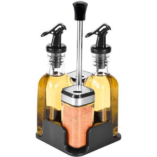 Con este Set de 4 piezas con soporte, mantené tus condimentos organizados y siempre frescos. Fabricado en vidrio y acero inoxidable, protegé el aceite, vinagre, sal y pimienta de la humedad y el polvo. Su diseño compacto y elegante ahorra espacio y facilita su transporte. Además, las tapas seguras y el sistema antigoteo garantizan un vertido preciso y sin desperdicios. ¡Practicidad y estilo en tu mesa! 