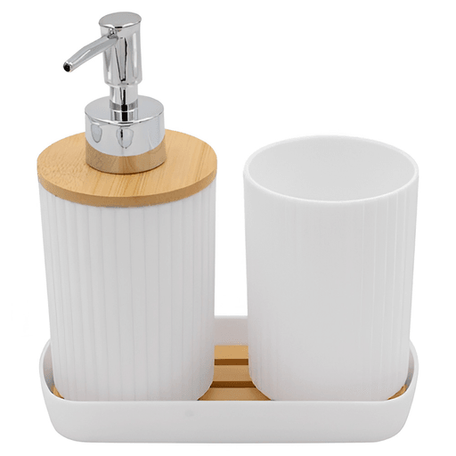El Set de Baño de 3 piezas es un producto de excelente calidad que combina durabilidad y elegancia en un diseño moderno y elegante. Incluye un dispensador para jabón líquido, una jabonera para barra de jabón y un vaso para que puedas mantener tu baño organizado y con un toque sofisticado. Además, la combinación de plástico ABS y madera le da un aspecto natural y fresco que se adapta fácilmente a cualquier estilo de decoración.