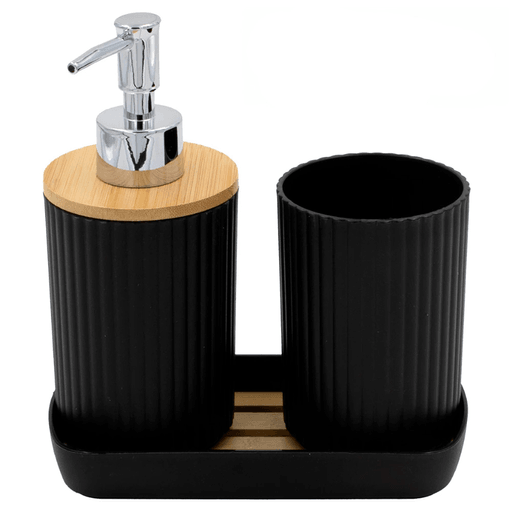 El Set de Baño de 3 piezas es un producto de excelente calidad que combina durabilidad y elegancia en un diseño moderno y elegante. Incluye un dispensador para jabón líquido, una jabonera para barra de jabón y un vaso para que puedas mantener tu baño organizado y con un toque sofisticado. Además, la combinación de plástico ABS y madera le da un aspecto natural y fresco que se adapta fácilmente a cualquier estilo de decoración.
