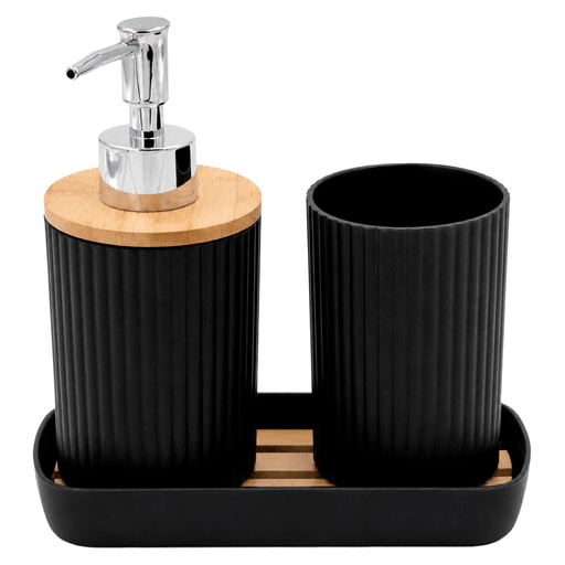 El Set de Baño de 3 piezas es un producto de excelente calidad que combina durabilidad y elegancia en un diseño moderno y elegante. Incluye un dispensador para jabón líquido, una jabonera para barra de jabón y un vaso para que puedas mantener tu baño organizado y con un toque sofisticado. Además, la combinación de plástico ABS y madera le da un aspecto natural y fresco que se adapta fácilmente a cualquier estilo de decoración.