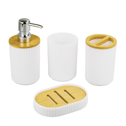 Elegante juego de utensilios para baño, diseñado para combinar estilo y funcionalidad. Incluye un dispensador para jabón líquido, un porta jabones en barra, un vaso enjuagador y un porta cepillo de dientes con forma cilíndrica, todo en un diseño moderno que se adapta perfectamente a cualquier tipo de baño, aportando un toque de sofisticación y orden.