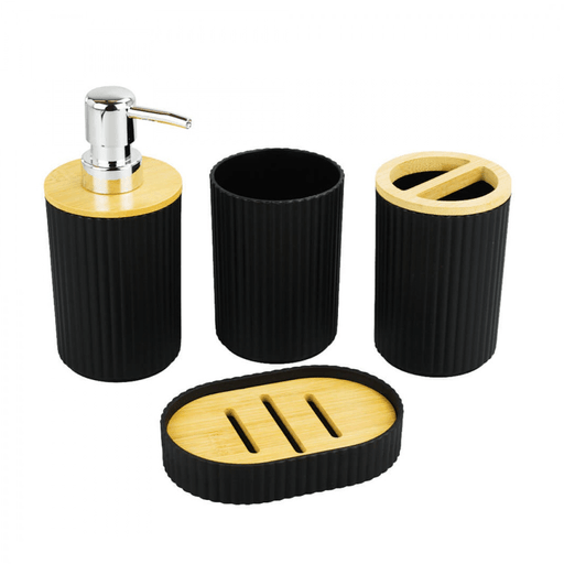 Elegante juego de utensilios para baño, diseñado para combinar estilo y funcionalidad. Incluye un dispensador para jabón líquido, un porta jabones en barra, un vaso enjuagador y un porta cepillo de dientes con forma cilíndrica, todo en un diseño moderno que se adapta perfectamente a cualquier tipo de baño, aportando un toque de sofisticación y orden.