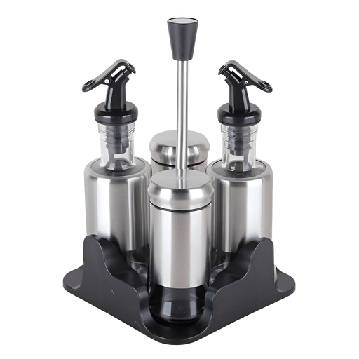 Este set de condimentos de 4 piezas con soporte es la opción perfecta para mantener organizados y accesibles tus condimentos en la cocina. Fabricado con una combinación de vidrio y metal, ofrece un diseño elegante y duradero. Incluye recipientes para aceite, vinagre, sal y pimienta, permitiéndote almacenar y dosificar tus especias con comodidad. Su práctico soporte mantiene todo en su lugar, optimizando el espacio y aportando un toque moderno a tu cocina.