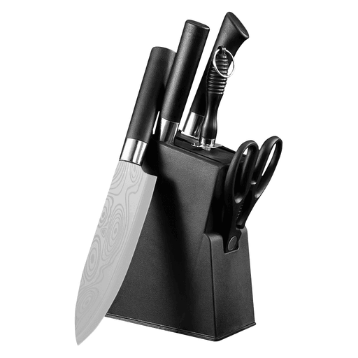 Este set de cuchillos de 5 piezas y soporte es el complemento perfecto para tu cocina. Con un diseño práctico y funcional, cuentan con un mango antideslizante que te brinda un agarre seguro y cómodo mientras cocinás. Fabricados en acero inoxidable de alta calidad con un patrón láser único que le otorga elegancia y estilo, son resistentes al desgaste y la corrosión, garantizando su durabilidad a lo largo del tiempo. Incluye cuchilla de chef, 2 hachas de cocina, tijera multiuso, afilador y un práctico soporte que te ayuda a mantener tu cocina perfectamente organizada.