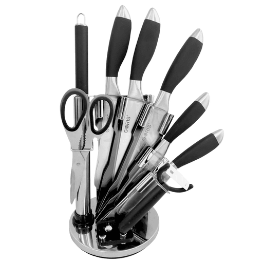 Facilitá la preparación de tus comidas con el set de cuchillos de 8 piezas mas soporte de acrílico. Este set no solo se ve elegante en tu mesada, sino que también permite una fácil accesibilidad con su diseño de soporte de abanico. Los cuchillos son ideales para cortar, cortar en cubos y tallar, mientras que la barra de afilado mantiene las cuchillas en las mejores condiciones brindando un corte limpio y profesional. Las cuchillas duraderas de acero inoxidable con bordes finos ofrecen precisión y gracias a sus mangos suaves al tacto proporcionan comodidad y control para el uso diario. Solo requiere un simple lavado a mano después de su uso.