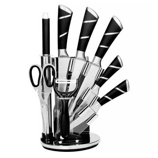 Facilitá la preparación de tus comidas con el set de cuchillos de 8 piezas mas soporte de acrílico. Este set no solo se ve elegante en tu mesada, sino que también permite una fácil accesibilidad con su diseño de soporte de abanico. Los cuchillos son ideales para cortar, cortar en cubos y tallar, mientras que la barra de afilado mantiene las cuchillas en las mejores condiciones brindando un corte limpio y profesional. Las cuchillas duraderas de acero inoxidable con bordes finos ofrecen precisión y gracias a sus mangos suaves al tacto proporcionan comodidad y control para el uso diario. Solo requiere un simple lavado a mano después de su uso.
