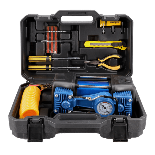 Este completo set de herramientas es una solución práctica para emergencias y trabajos de mantenimiento. Incluye un compresor de aire de 12V con presión máxima de 150PSI, ideal para inflar neumáticos de autos, bicicletas y otros inflables de forma rápida y sencilla. Su potente motor y buen volumen de inflado permiten trabajar con mayor eficiencia cuando más lo necesitas. El kit incorpora además una variedad de herramientas útiles para reparaciones básicas, junto con boquillas de aire multiuso y accesorios para distintas tareas. Todo se guarda en un práctico maletín de transporte, que mantiene cada pieza organizada y facilita llevar el set cómodamente en el auto o tenerlo siempre listo para usar.