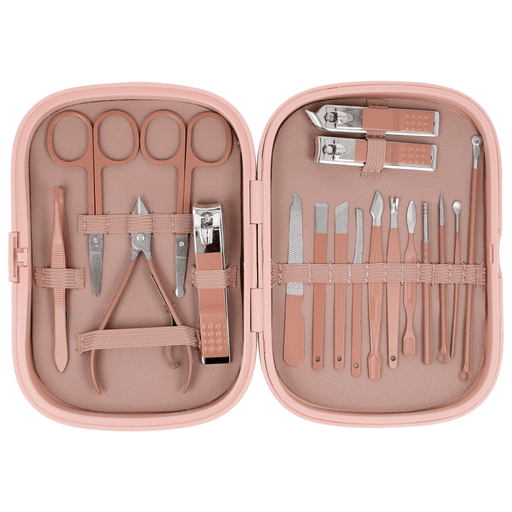 El set de manicura de 18 piezas ofrece todo lo necesario para el cuidado completo de uñas, manos, pies y rostro en un solo kit práctico. Sus herramientas están fabricadas en acero inoxidable de alta calidad, lo que garantiza precisión, durabilidad y resistencia a la oxidación para un uso prolongado. Incluye cortaúñas, tijeras, limas, pinza y diferentes herramientas para cutículas y limpieza facial, permitiendo realizar una rutina de cuidado personal completa. Además, viene con un estuche compacto y elegante que mantiene todas las piezas organizadas y protegidas, siendo liviano y fácil de transportar, ideal tanto para uso en casa como para llevar de viaje.