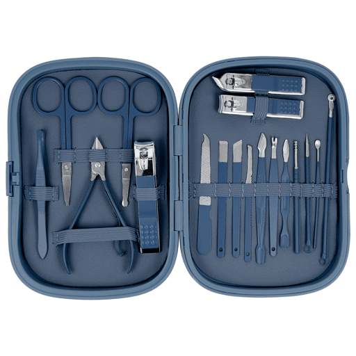 El set de manicura de 18 piezas ofrece todo lo necesario para el cuidado completo de uñas, manos, pies y rostro en un solo kit práctico. Sus herramientas están fabricadas en acero inoxidable de alta calidad, lo que garantiza precisión, durabilidad y resistencia a la oxidación para un uso prolongado. Incluye cortaúñas, tijeras, limas, pinza y diferentes herramientas para cutículas y limpieza facial, permitiendo realizar una rutina de cuidado personal completa. Además, viene con un estuche compacto y elegante que mantiene todas las piezas organizadas y protegidas, siendo liviano y fácil de transportar, ideal tanto para uso en casa como para llevar de viaje.