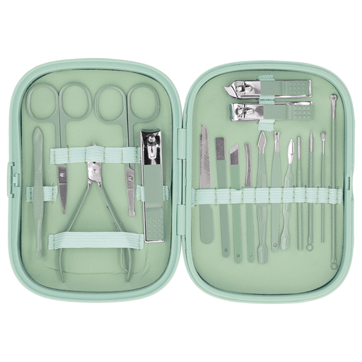 El set de manicura de 18 piezas ofrece todo lo necesario para el cuidado completo de uñas, manos, pies y rostro en un solo kit práctico. Sus herramientas están fabricadas en acero inoxidable de alta calidad, lo que garantiza precisión, durabilidad y resistencia a la oxidación para un uso prolongado. Incluye cortaúñas, tijeras, limas, pinza y diferentes herramientas para cutículas y limpieza facial, permitiendo realizar una rutina de cuidado personal completa. Además, viene con un estuche compacto y elegante que mantiene todas las piezas organizadas y protegidas, siendo liviano y fácil de transportar, ideal tanto para uso en casa como para llevar de viaje.