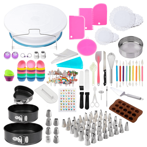 Este set de repostería de 512 piezas es el complemento ideal para cualquier amante de la pastelería, ya sea principiante o profesional. Incluye una amplia variedad de herramientas como mangas pasteleras, clavos de flores, espátulas, plato giratorio, moldes para torta y más, que te permitirán explorar tu creatividad y decorar postres, pasteles, cupcakes, galletas y mucho más.
