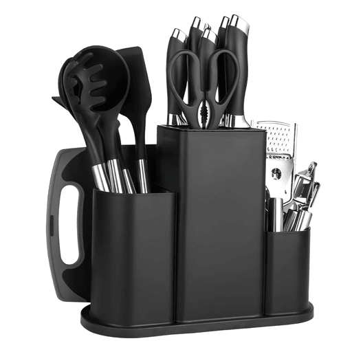 Transformá tu cocina con este completo set de 20 piezas de utensilios de cocina. Incluye todo lo que necesitás para cocinar de manera eficiente y con estilo. Cada herramienta está diseñada para brindar durabilidad y comodidad, desde cuchillos de precisión hasta utensilios de cocina esenciales. El soporte multifuncional no solo organiza, sino que también le da un toque moderno y elegante a tu cocina.