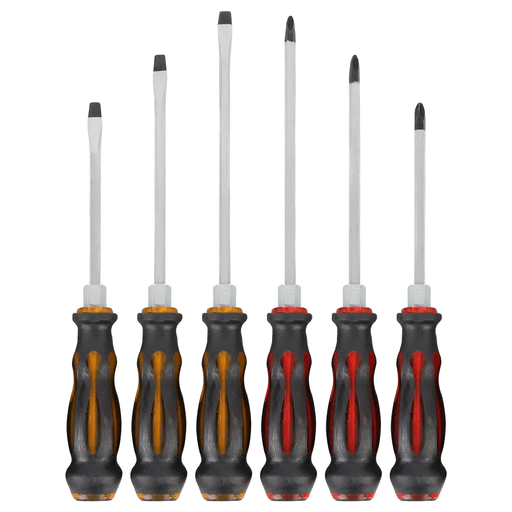 Este set de 6 destornilladores profesionales combina resistencia, precisión y comodidad en una sola herramienta. Fabricados con vástago de acero cromo vanadio de alta calidad, forjado y tratado térmicamente para ofrecer excelente dureza, tenacidad y gran resistencia al desgaste, garantizan máxima durabilidad en trabajos exigentes. Su mango plástico ergonómico brinda un agarre cómodo y seguro, mientras que su base apta para percusión permite golpear la herramienta sin dañar el mango, gracias a su diseño integrado tipo impacto. Además, las puntas magnetizadas facilitan la sujeción y colocación de tornillos, incluso en espacios reducidos o ángulos difíciles. El set incluye 3 destornilladores punta plana y 3 punta Phillips, ideal para tareas de mantenimiento, reparación y uso profesional o doméstico.