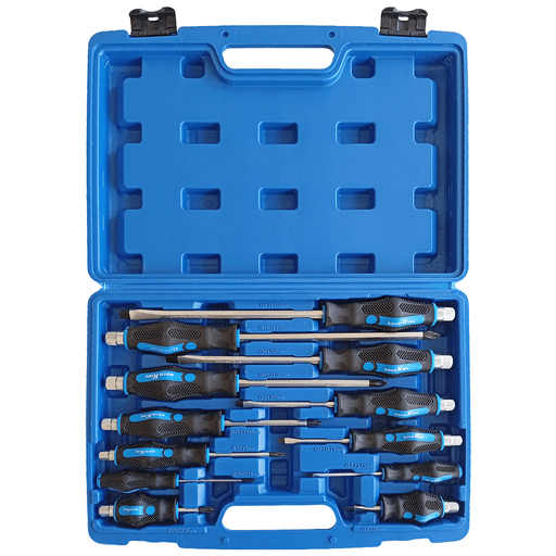 Este set profesional de 12 destornilladores combina robustez, comodidad y versatilidad para afrontar desde tareas domésticas hasta trabajos mecánicos exigentes. Fabricados en acero CR-V de alta calidad, ofrecen gran resistencia al desgaste, alta dureza y excelente vida útil, incluso bajo usos intensivos. Incorporan varilla reforzada apta para impactos y aplicación de mayor torque, junto con puntas magnetizadas que aseguran mejor sujeción y precisión al trabajar con tornillos en espacios reducidos. Su mango ergonómico antideslizante en PP + TPR con refuerzo metálico proporciona un agarre firme y confortable, y el maletín resistente mantiene todas las piezas organizadas y listas para transportar.
