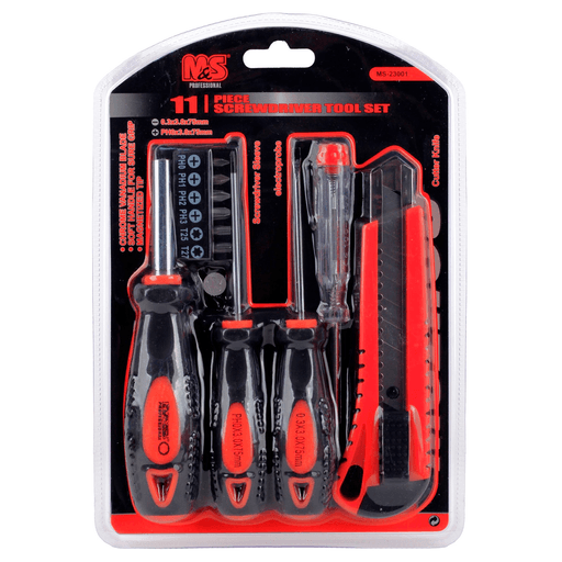 Este set de 11 piezas incluye una variedad de destornilladores de diferentes tamaños y tipos, una trincheta para cortes limpios y un tester de voltaje para probar circuitos eléctricos. Cada herramienta está fabricada con materiales duraderos para una larga vida útil y un rendimiento superior. Este kit es perfecto para poder realizar trabajos en el hogar, trabajo, etc.