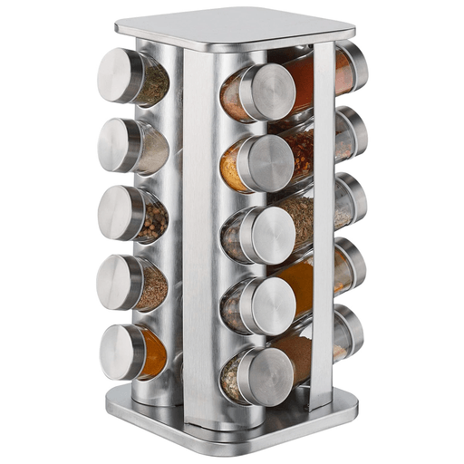 El Set de 20 Especieros giratorio en acero inoxidable y frascos de vidrio es el complemento perfecto para tu cocina. Tiene un diseño elegante y una base giratoria de 360° que te permite acceder de manera rápida a tus condimentos favoritos. Además, gracias a que los frascos cuentan con tapas de rosca, aseguran la frescura de tus especias y hierbas, facilitando su uso y almacenamiento.