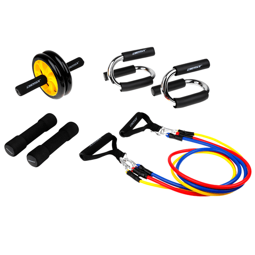 Con este set vas a poder realizar toda clase de rutinas de entrenamiento desde la comodidad de tu hogar. Incluye mancuernas de neopreno, soportes para flexiones, set de elásticos de 5, 7 y 9 kg de resistencia y una rueda abdominal con agarres ergonómicos.