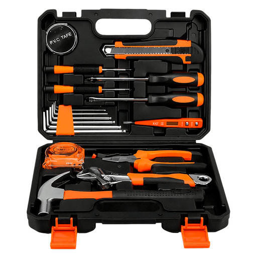 Este kit de herramientas con 19 piezas y maletín de transporte es una solución práctica y completa para tareas de mantenimiento, reparaciones y bricolaje en el hogar. Fabricado en acero cromo vanadio, ofrece alta resistencia, durabilidad y protección contra la corrosión, asegurando un uso confiable a lo largo del tiempo. Incluye una amplia variedad de herramientas esenciales, como martillo, llave inglesa, alicate, destornilladores, llaves Allen, cinta métrica y más, permitiendo realizar desde ajustes simples hasta trabajos más detallados. Sus mangos con agarre antideslizante brindan mayor comodidad y control durante el uso, mientras que el maletín resistente mantiene todo organizado, protegido y fácil de transportar, convirtiéndolo en una opción ideal tanto para el hogar como para uso técnico.