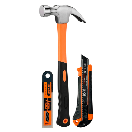 El set de herramientas de 3 piezas es una opción práctica y funcional para el hogar, ideal para pequeñas reparaciones, tareas de mantenimiento y proyectos rápidos. Fabricado en acero cromo vanadio y ABS resistente, ofrece durabilidad y buen desempeño en cada uso. Incluye un martillo de uña con mango ergonómico antideslizante que brinda mayor comodidad y control, una trincheta con hojas de acero SK5 para cortes precisos y un estuche con 5 repuestos para mayor practicidad. Un kit compacto y versátil, perfecto para tener siempre a mano.