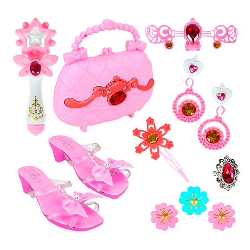 Este set de princesa de 12 piezas es el regalo perfecto para los más pequeños. Su diseño detallado y colores brillantes hacen que sea el complemento ideal para cualquier disfraz. Además, incluye zapatos, cartera, varita mágica, caravanas, anillo y tiara, todo lo necesario para que puedan jugar y crear sus propias historias de princesas.