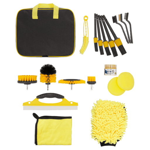 Dale a tu vehículo el cuidado que merece con este kit completo de limpieza para autos de 20 piezas. Diseñado para una limpieza profunda y detallada, incluye herramientas especializadas como cepillos de detalle, esponjas de pulido, guante de lavado, gel limpiador y accesorios para taladro, ideales para remover suciedad en rejillas, tablero, llantas, cromados y mucho más. Su estuche portátil permite mantener todo organizado y listo para usar en cualquier momento. Perfecto tanto para uso profesional como doméstico, no solo para autos, sino también para motos, bicicletas e incluso superficies del hogar como azulejos o bañeras. Mantené tu vehículo siempre brillante y como nuevo con un kit práctico, completo y fácil de usar.