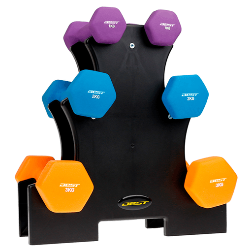 El set de mancuernas Best es ideal para entrenar en casa de forma práctica y ordenada. Incluye tres pares de mancuernas que permiten ajustar la intensidad según cada ejercicio, cubriendo rutinas de fuerza, tonificación y acondicionamiento general. Su superficie recubierta ofrece un agarre cómodo y seguro, cuidando las manos y el piso durante el uso. Además, el stand plegable facilita el guardado y mantiene todo organizado, convirtiéndolo en una opción funcional y eficiente para el entrenamiento diario.

