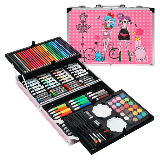 El Set de Pintura incluye 145 piezas para dibujar y pintar, además de un práctico maletín de almacenamiento. Cuenta con un asa y pestillos con efecto metálico para una mayor durabilidad. Cada pieza tiene su propio compartimento en el maletín, lo que facilita la organización y evita que se mezclen. El maletín además, tiene dos niveles para una mejor distribución de los materiales y dentro del mismo encontrarás todo lo necesario para desarrollar tu creatividad en cualquier lugar. 