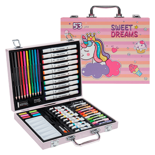 El set de pintura de 54 piezas es perfecto para artistas principiantes y profesionales. Este completo kit incluye 12 pasteles al óleo, 10 lápices de colores, 10 pinturas acrílicas a base de agua, 10 rotuladores, 6 pinturas para acuarela, 2 tipos de pinceles, paleta para las pinturas, goma y sacapuntas de metal. ¡Todo lo que necesitas para dar rienda suelta a tu creatividad en un solo lugar! Además con su práctico maletín de almacenamiento podrás llevar tus creaciones a donde quieras de forma organizada y segura. 