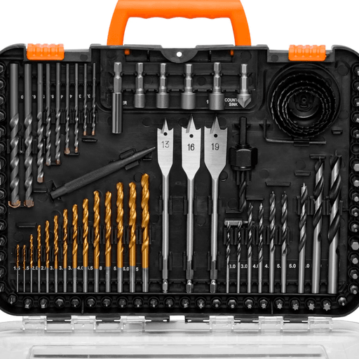 Este set de 100 brocas y destornilladores incluye varias piezas para que puedas realizar tus tareas de reparación o creación. Permite taladrar y fijar en metal, madera, mampostería y plástico, lo que lo hace ideal para aficionados al bricolaje y profesionales. Sus múltiples piezas lo hacen un set multifuncional que se adapta según tus necesidades y materiales que se presenten en el momento.