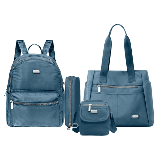 Este set de 4 piezas incluye un bolso, una mochila, una bandolera y un estuche, combinando estilo casual, practicidad y materiales de calidad. Fabricados en nylon resistente e impermeable, con cierres de metal, cada artículo está diseñado para ofrecer funcionalidad y durabilidad en el uso diario. El bolso cuenta con múltiples bolsillos, asas y compartimientos interiores que brindan excelente organización. La mochila y el estuche se complementan con dos compartimientos principales, bolsillos frontales y ocultos, correas ajustables y un práctico enganche lateral para el estuche. Por su parte, la bandolera ofrece un diseño compacto con solapa de velcro, compartimientos espaciosos, bolsillo frontal con cierre y correa regulable, ideal para llevar lo esencial de forma cómoda y segura.