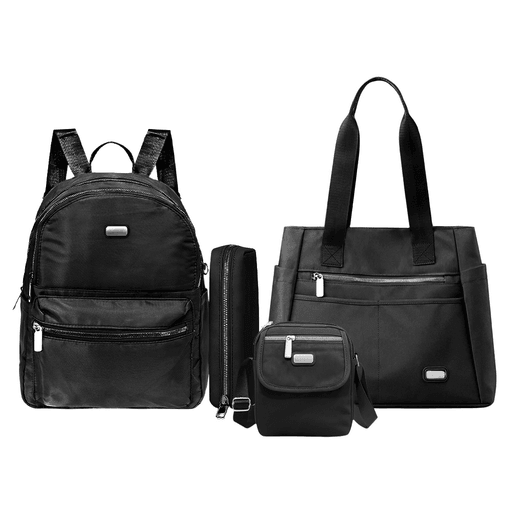 Este set de 4 piezas incluye un bolso, una mochila, una bandolera y un estuche, combinando estilo casual, practicidad y materiales de calidad. Fabricados en nylon resistente e impermeable, con cierres de metal, cada artículo está diseñado para ofrecer funcionalidad y durabilidad en el uso diario. El bolso cuenta con múltiples bolsillos, asas y compartimientos interiores que brindan excelente organización. La mochila y el estuche se complementan con dos compartimientos principales, bolsillos frontales y ocultos, correas ajustables y un práctico enganche lateral para el estuche. Por su parte, la bandolera ofrece un diseño compacto con solapa de velcro, compartimientos espaciosos, bolsillo frontal con cierre y correa regulable, ideal para llevar lo esencial de forma cómoda y segura.