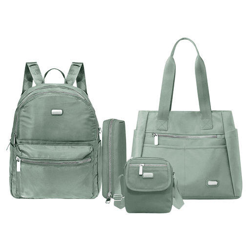 Este set de 4 piezas incluye un bolso, una mochila, una bandolera y un estuche, combinando estilo casual, practicidad y materiales de calidad. Fabricados en nylon resistente e impermeable, con cierres de metal, cada artículo está diseñado para ofrecer funcionalidad y durabilidad en el uso diario. El bolso cuenta con múltiples bolsillos, asas y compartimientos interiores que brindan excelente organización. La mochila y el estuche se complementan con dos compartimientos principales, bolsillos frontales y ocultos, correas ajustables y un práctico enganche lateral para el estuche. Por su parte, la bandolera ofrece un diseño compacto con solapa de velcro, compartimientos espaciosos, bolsillo frontal con cierre y correa regulable, ideal para llevar lo esencial de forma cómoda y segura.