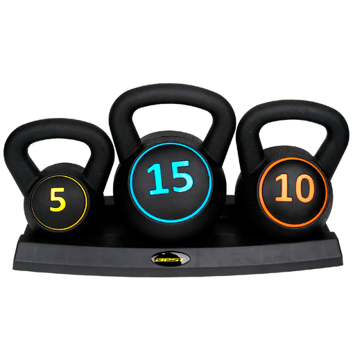 Incrementá tu fuerza, resistencia y coordinación con ayuda de estas pesas rusas ideales para realizar ejercicio en casa. El set incluye 3 pesas, de 2.2Kg, 4.5Kg y 6.8Kg con agarre anti-deslizante contorneado y realizadas en hierro fundido sólido con anti-corrosión con capa de PVC. Ayuda a mejorar el movimiento, la agilidad y rapidez.