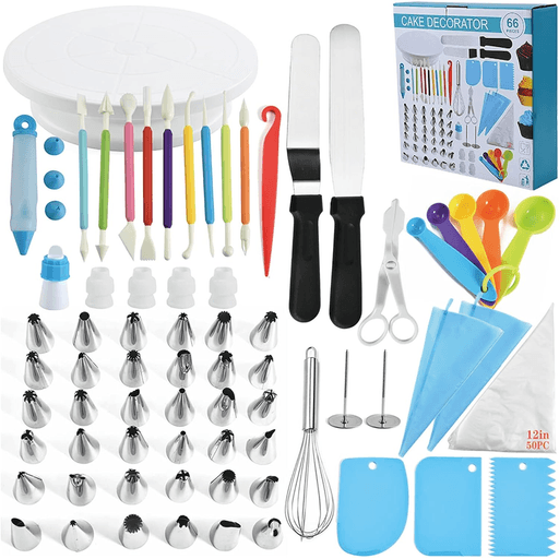 Este Set de Repostería para Decoración de 66 Piezas es el complemento perfecto para todos aquellos amantes de la repostería que desean llevar sus habilidades al siguiente nivel. Este completo set de decoración repostera cuenta con 66 herramientas de alta calidad que te permitirán crear diseños únicos y sorprendentes en tus creaciones. Ya seas un principiante o un panadero profesional, este set tiene todo lo que necesitás para empezar a decorar tus tortas como un experto. 