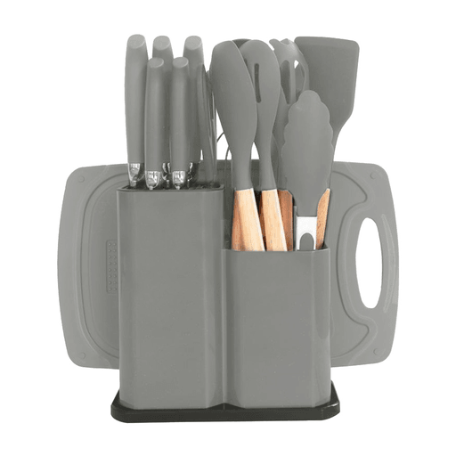 El Set de Cocina de 19 Piezas es el aliado perfecto para tus labores culinarias diarias. Posee un diseño ergonómico que facilita su manejo y garantiza comodidad al cocinar, además incluye un juego de menage, set de cuchillos, tabla de picar y soporte. Las piezas están fabricadas con materiales de alta calidad, son antiadherentes, duraderas y resistentes. Gracias a que soportan temperaturas frías y calor las hace ideales para cualquier tipo de preparación.