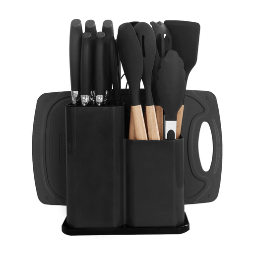 El Set de Cocina de 19 Piezas es el aliado perfecto para tus labores culinarias diarias. Posee un diseño ergonómico que facilita su manejo y garantiza comodidad al cocinar, además incluye un juego de menage, set de cuchillos, tabla de picar y soporte. Las piezas están fabricadas con materiales de alta calidad, son antiadherentes, duraderas y resistentes. Gracias a que soportan temperaturas frías y calor las hace ideales para cualquier tipo de preparación.