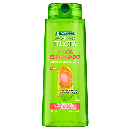El nuevo Shampoo Fructis Adiós Esponjado contiene una poderosa fórmula enriquecida con Óleo de Argán, aceite natural y Keratina Líquida-v que hidrata y suaviza el cabello profundamente sin dejarlo pesado y que uniformiza la fibra capilar para controlar el frizz.