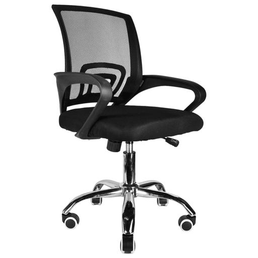 Práctica silla ejecutiva, con respaldo en tela mesh y asiento acolchonado. Posee sistema de suspensión y patas cromadas. Su diseño sobrio y de gran calidad, hacen de esta silla una excelente alternativa a la hora de buscar un asiento cómodo y simple, ideal para utilizar en oficinas o escritorios. Cuenta con reposabrazos plásticos con diseño ergonómico.