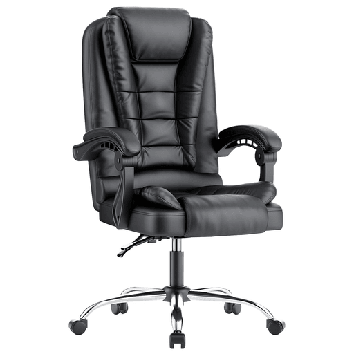 Esta silla de oficina combina comodidad, estilo y funcionalidad en un solo producto. Tapizada en ecocuero, su espuma de alta resiliencia en el respaldo, el asiento y los reposabrazos brinda una comodidad superior y ofrece un soporte firme para tu espalda durante largas jornadas de trabajo. Su mecanismo de ajuste de bloqueo te permite inclinar el respaldo hasta 130° para aliviar dolores y molestias, o simplemente para relajarte mientras jugás o descansás. Además, cuenta con soporte lumbar y altura ajustable para adaptarse a tus preferencias y necesidades.