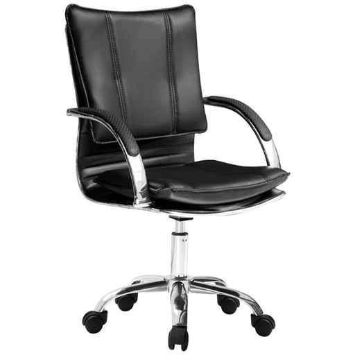 Te presentamos esta práctica silla de oficina, confeccionada en cuerina y espuma de alta calidad, base metálica de 5 radios con ruedas dobles. Cuenta con apoyabrazos acolchonados, super cómodos. Silla giratoria con altura regulable a gas, asiento amplio y respaldo bajo. ¡Gran confort!